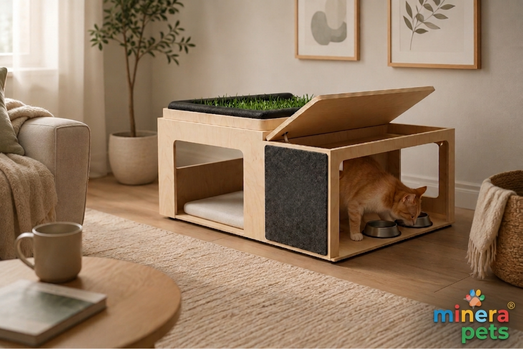 Modern Ahşap Kedi Mobilyası – Uyku, Tırmalama ve Mama Alanı Bir Arada Modern Ahşap Kedi Mobilyası – Uyku, Tırmalama ve Mama Alanı Bir Arada